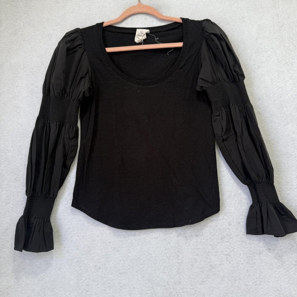 Cinq A Sept Blouse Womens XS Black Long Puff Sleeve Scoop Neck Ruffle Top